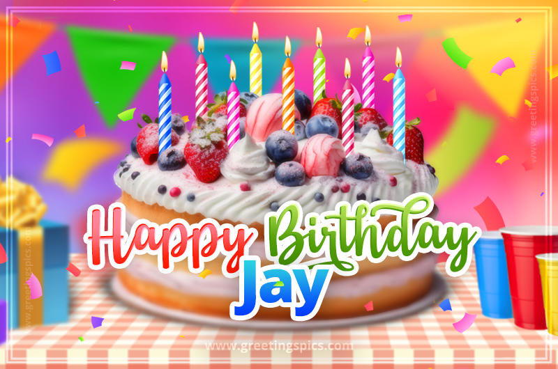 Happy Birthday Jay Colorful Image with fruit cake and candles