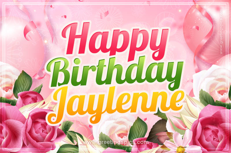 Image with gentle pink background and flowers Happy Birthday Jaylenne