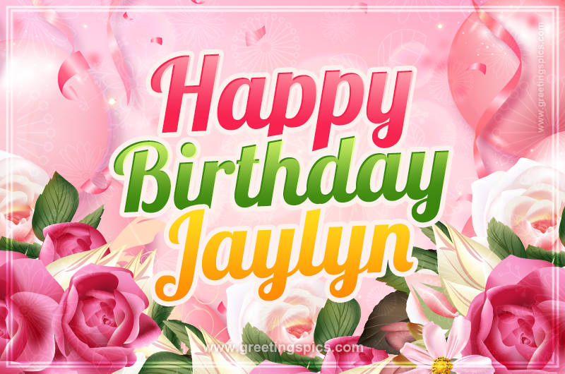 Image with gentle pink background and flowers Happy Birthday Jaylyn