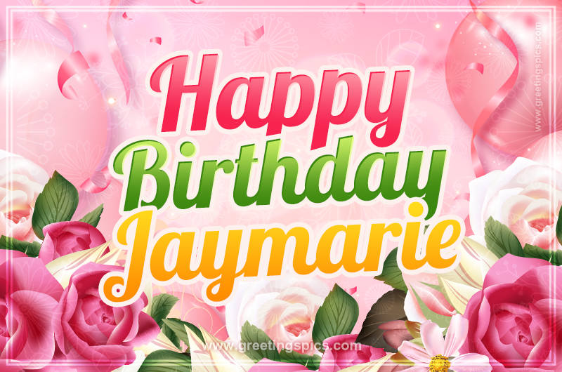 Image with gentle pink background and flowers Happy Birthday Jaymarie