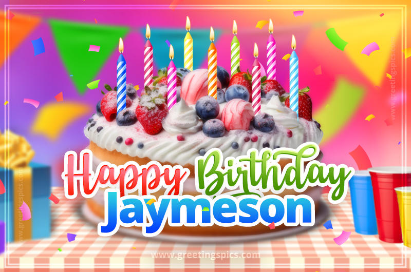 Happy Birthday Jaymeson Colorful Image with fruit cake and candles