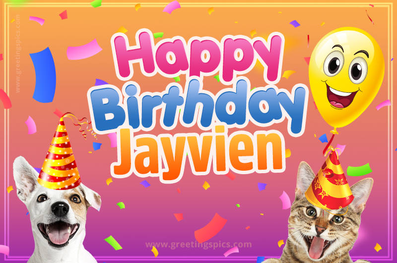 Happy Birthday Jayvien Funny Image with cat and dog