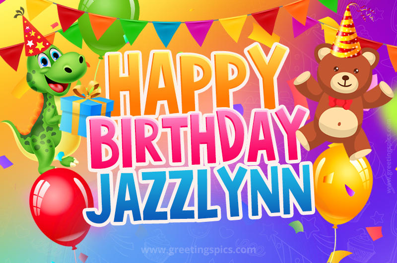 Happy Birthday Jazzlynn Image for a child with cute dinosaur and bear