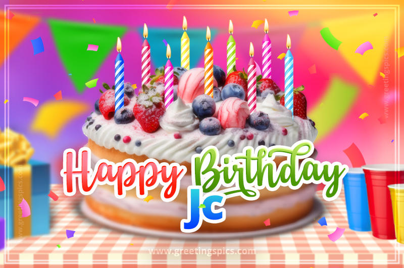 Happy Birthday Jc Colorful Image with fruit cake and candles