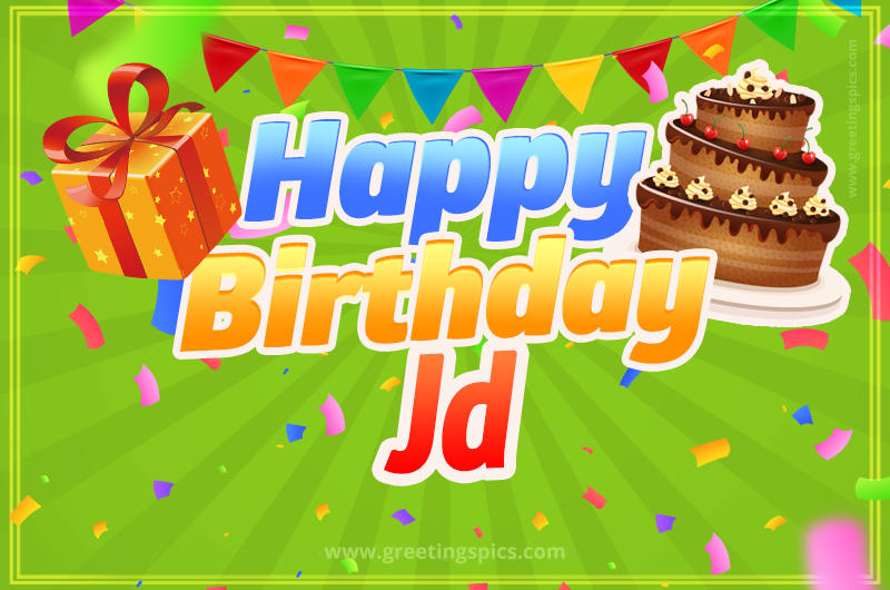 Happy Birthday Jd picture with flags, chocolate cake and gift box