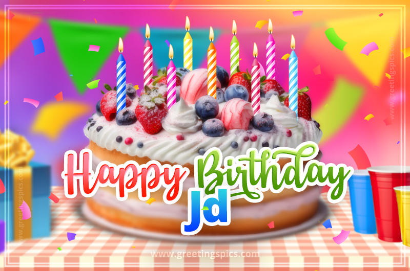 Happy Birthday Jd Colorful Image with fruit cake and candles