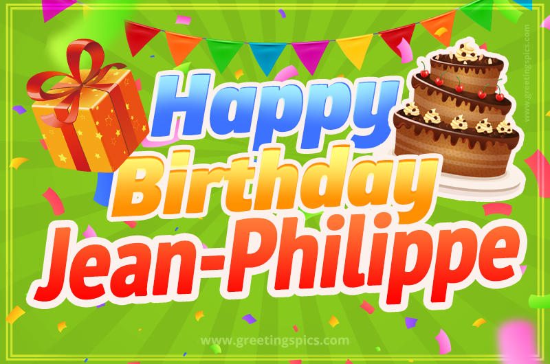 Happy Birthday Jean-Philippe picture with flags, chocolate cake and gift box