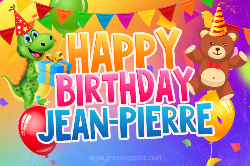 Happy Birthday Jean-Pierre Image for a child with cute baby dinosaur and bear