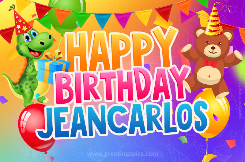 Happy Birthday Jeancarlos Image for a child with cute baby dinosaur and bear