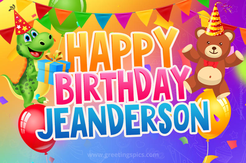 Happy Birthday Jeanderson Image for a child with cute baby dinosaur and bear