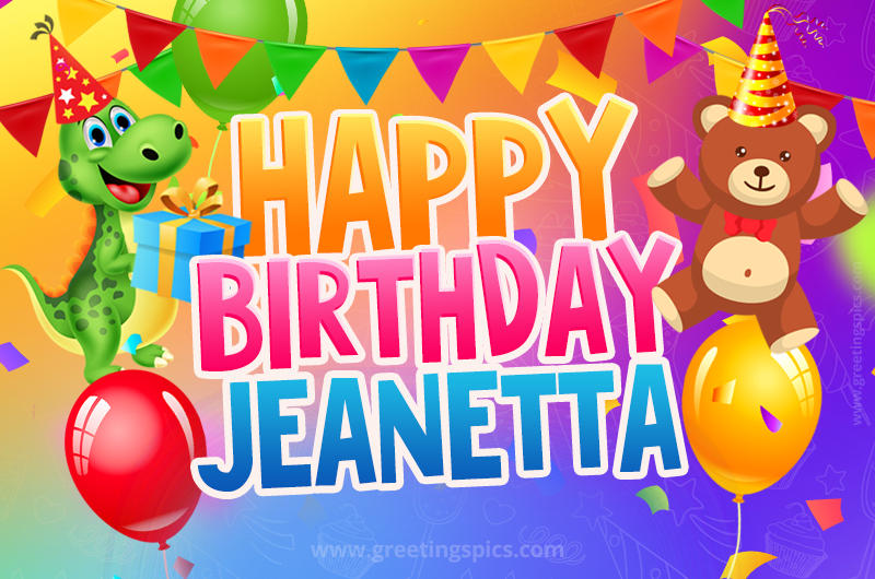 Happy Birthday Jeanetta Image for a child with cute dinosaur and bear