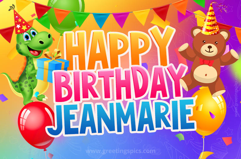 Happy Birthday Jeanmarie Image for a child with cute dinosaur and bear