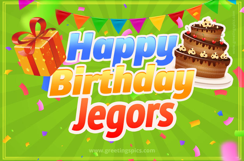 Happy Birthday Jegors picture with flags, chocolate cake and gift box