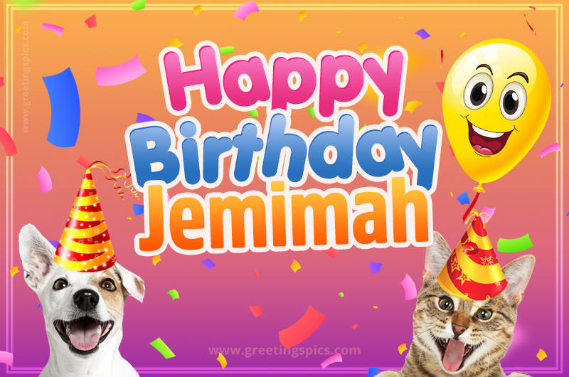 Happy Birthday Jemimah Funny Image with cat and dog