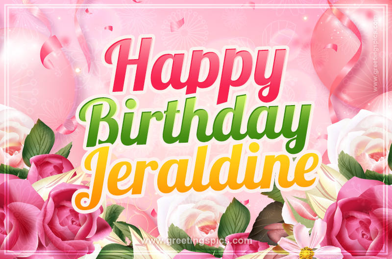 Image with gentle pink background and flowers Happy Birthday Jeraldine