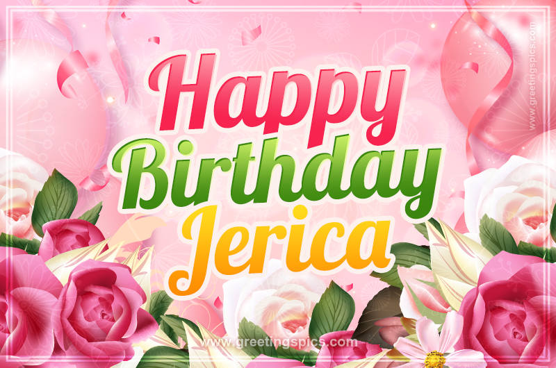 Image with gentle pink background and flowers Happy Birthday Jerica