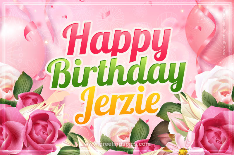 Image with gentle pink background and flowers Happy Birthday Jerzie