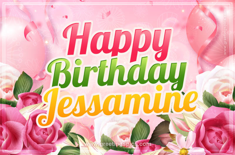 Image with gentle pink background and flowers Happy Birthday Jessamine