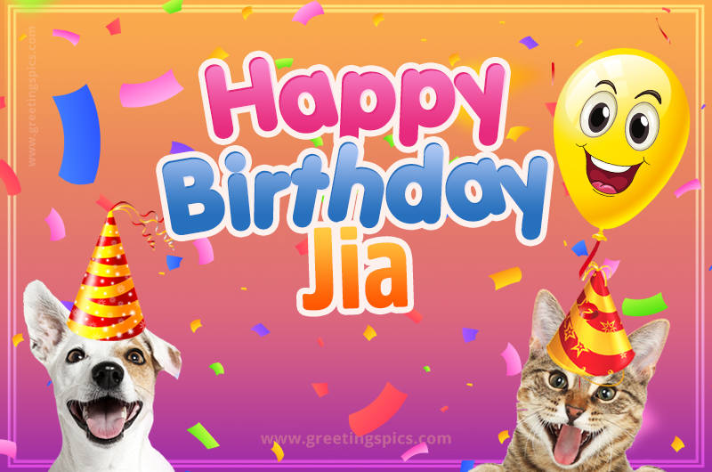 Happy Birthday Jia Funny Image with cat and dog