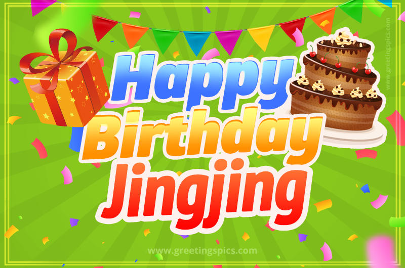 Happy Birthday Jingjing picture with flags, chocolate cake and gift box