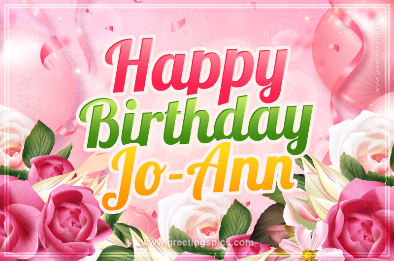 Image with gentle pink background and flowers Happy Birthday Jo-Ann