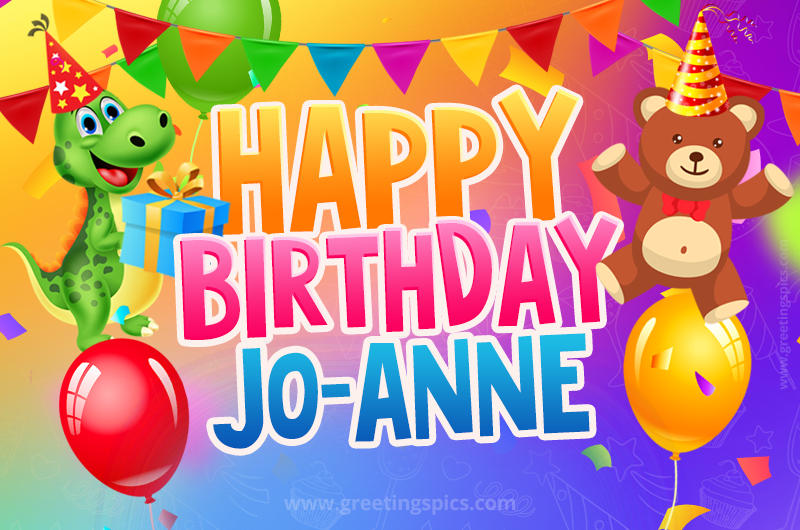 Happy Birthday Jo-anne Image for a child with cute dinosaur and bear