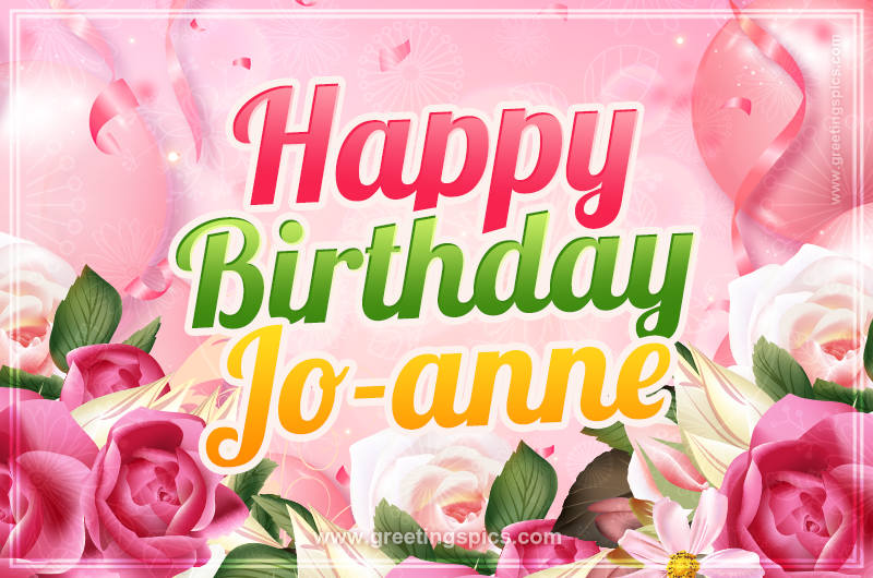 Image with gentle pink background and flowers Happy Birthday Jo-anne