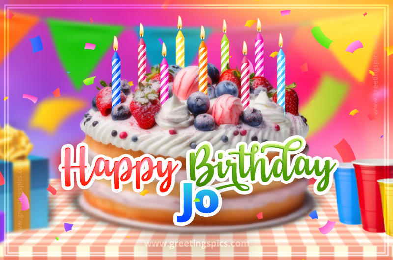 Happy Birthday Jo Colorful Image with fruit cake and candles