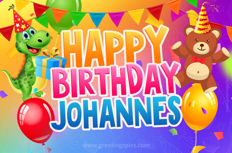 Happy Birthday Johannes Image for a child with cute baby dinosaur and bear