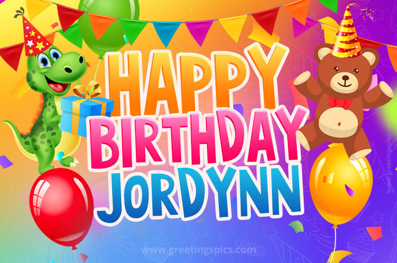 Happy Birthday Jordynn Image for a child with cute dinosaur and bear