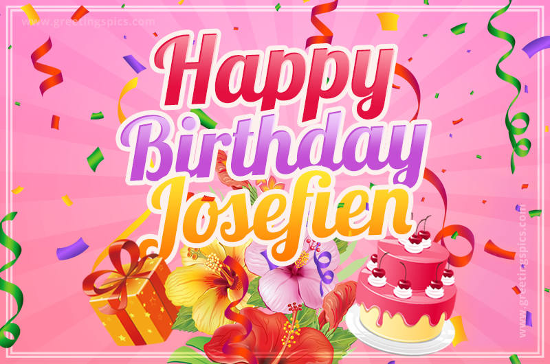 Beautiful Birthday Card for Josefien with Cake and bouquet of flowers