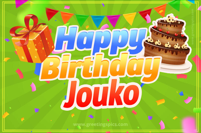 Happy Birthday Jouko picture with flags, chocolate cake and gift box