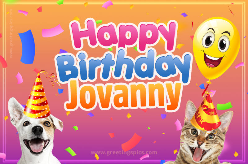 Happy Birthday Jovanny Funny Image with cat and dog