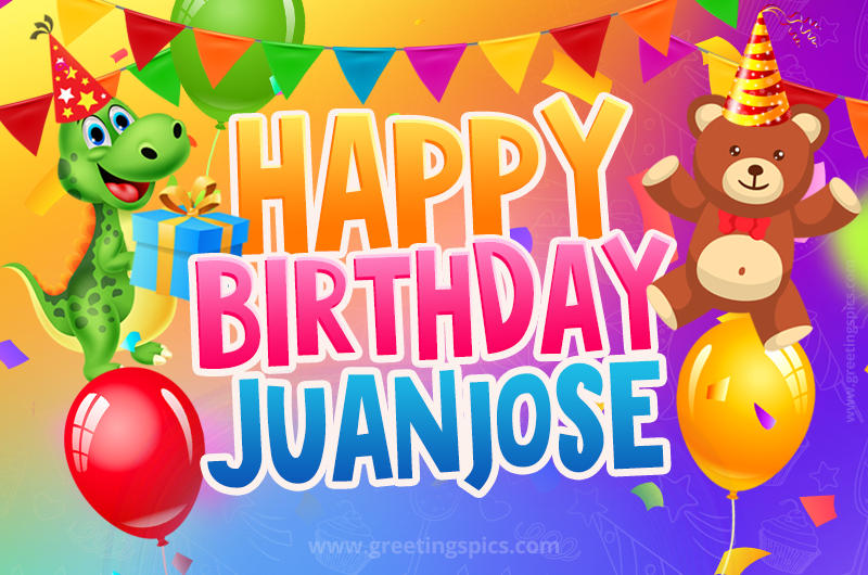 Happy Birthday Juanjose Image for a child with cute baby dinosaur and bear