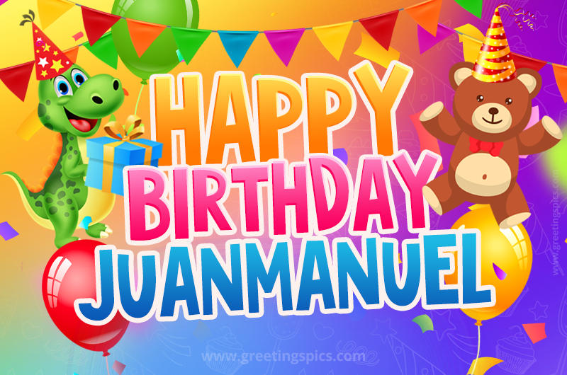 Happy Birthday Juanmanuel Image for a child with cute baby dinosaur and bear