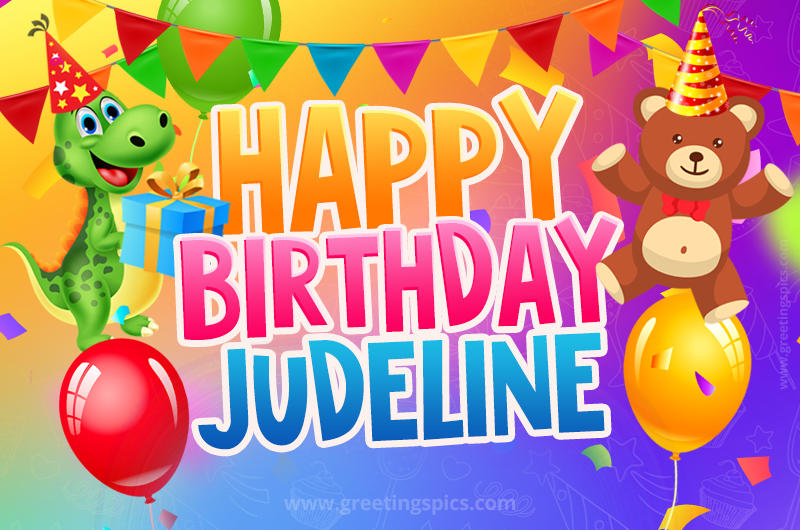 Happy Birthday Judeline Image for a child with cute dinosaur and bear