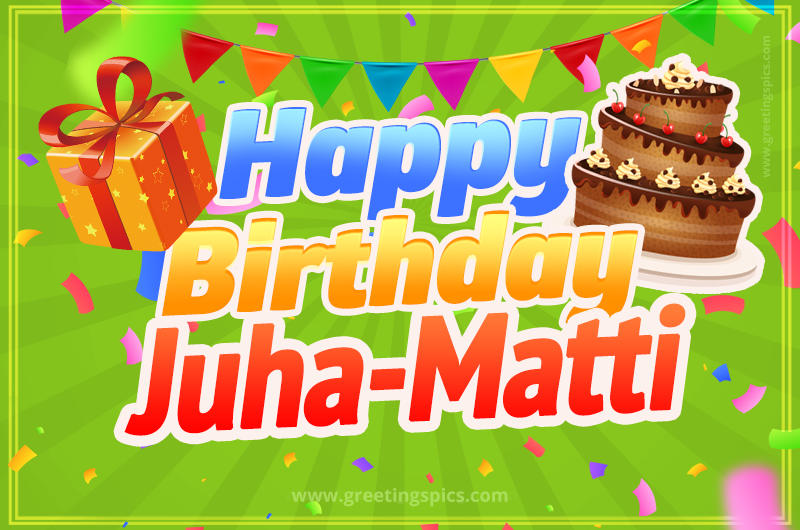 Happy Birthday Juha-Matti picture with flags, chocolate cake and gift box