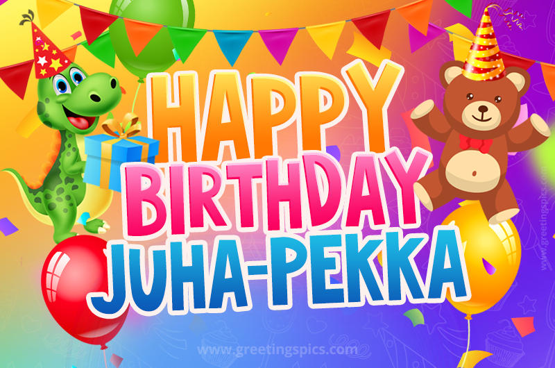 Happy Birthday Juha-Pekka Image for a child with cute baby dinosaur and bear