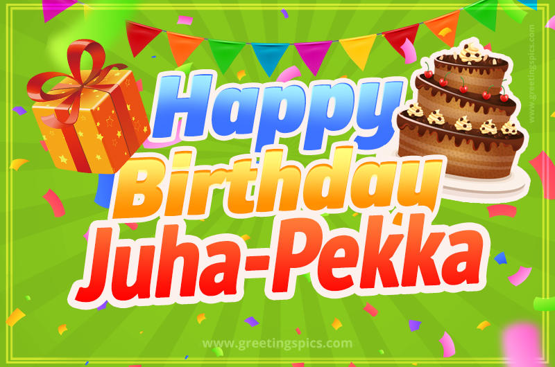 Happy Birthday Juha-Pekka picture with flags, chocolate cake and gift box