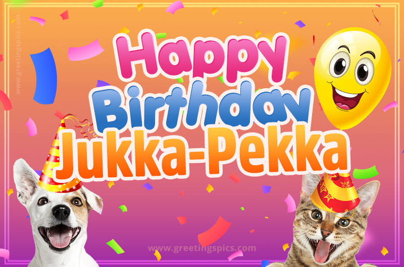 Happy Birthday Jukka-Pekka Funny Image with cat and dog