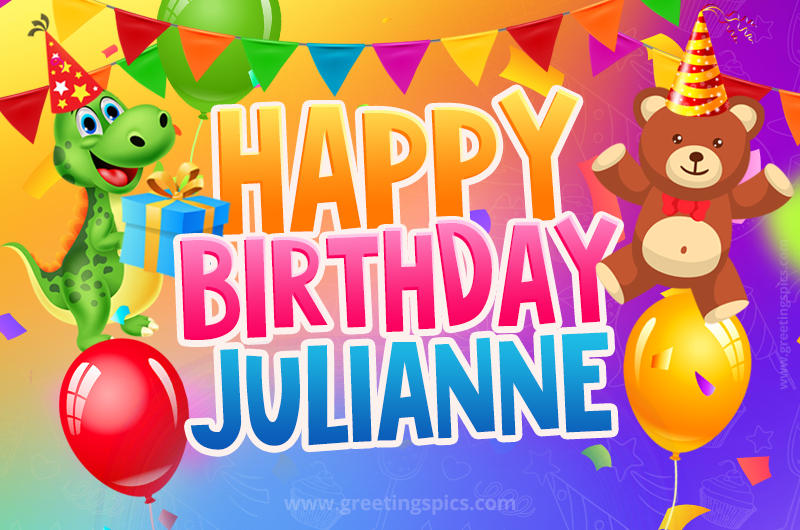 Happy Birthday Julianne Image for a child with cute dinosaur and bear