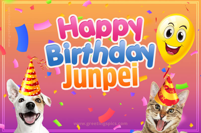 Happy Birthday Junpei Funny Image with cat and dog