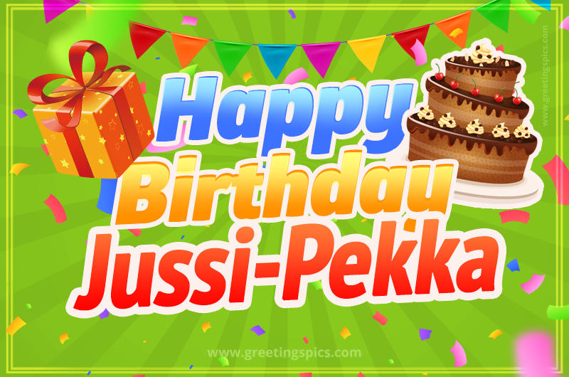 Happy Birthday Jussi-Pekka picture with flags, chocolate cake and gift box