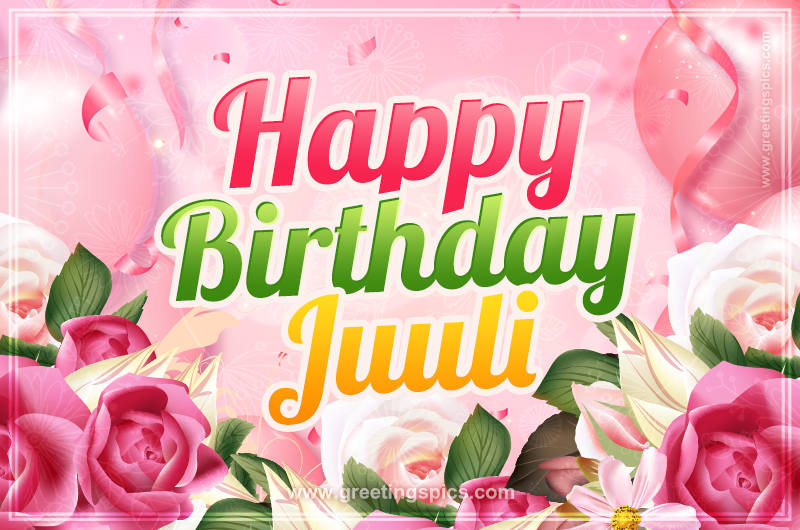 Image with gentle pink background and flowers Happy Birthday Juuli