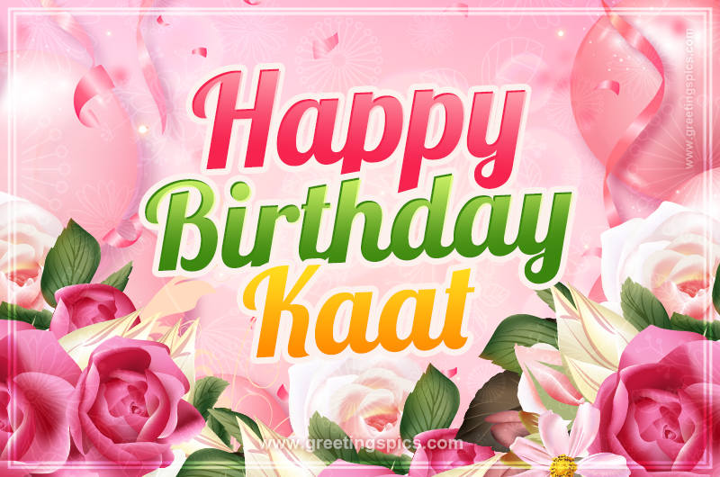 Image with gentle pink background and flowers Happy Birthday Kaat