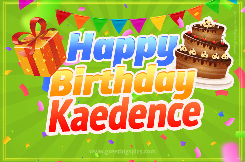 Happy Birthday Kaedence picture with flags, chocolate cake and gift box