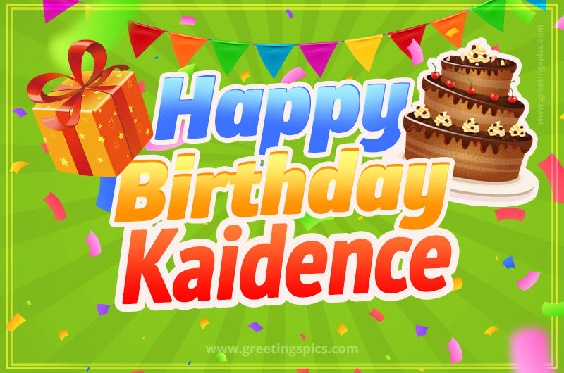 Happy Birthday Kaidence picture with flags, chocolate cake and gift box