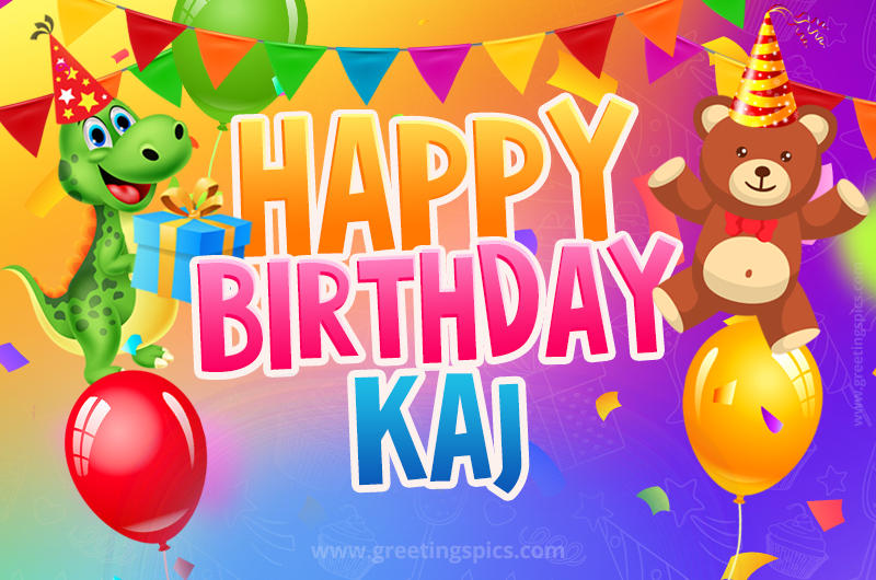 Happy Birthday Kaj Image for a child with cute baby dinosaur and bear