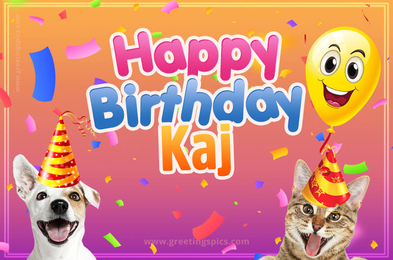 Happy Birthday Kaj Funny Image with cat and dog