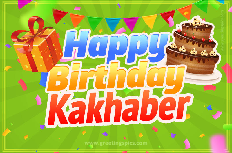 Happy Birthday Kakhaber picture with flags, chocolate cake and gift box